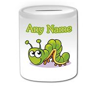 Personalised Gift - Crawling Caterpillar Money Box (Animal Insect Design Theme, White) - Any Name/Message on Your Unique - Piggy Bank Saving Jar Pot