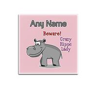 Personalised Gift - Crazy Hippo Lady Square Glass Coaster (Animal Slogan Design White) Any Name Message Unique - Zoo Silly Cute Funny Novelty Wild Lover Hippopotamus