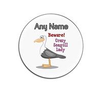 Personalised Gift - Crazy Seagull Lady Round Gloss Coaster (Animal Slogan Design Colour) Any Name Message Unique - Zoo Silly Cute Funny Novelty Wild Lover Bird Ocean Seaside