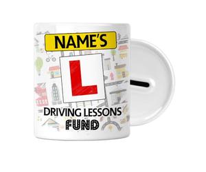 Personalised Gift - Driving Lessons Fund - Money Saving Box - Piggy Bank - 17th 18th Birthday Gift - Learner Driver Savings Jar - Keepsake - L Plate - Mens Womans Ladies Teens Gifts