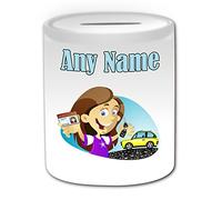 Personalised Gift - Driving License Girl Money Box (Occasion Design Theme, White) - Any Name/Message Unique - Saving Piggy Bank - Lesson Congratulations Car Keys Pass Test School L P Plate Learner