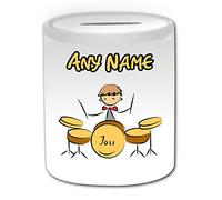 Personalised Gift - Drum Set Money Box (Sport and Hobby Design Theme, White) - Any Name / Message on Your Unique - Saving Piggy Bank - Music Kit Drummer Jazz Sticks Band Rock Musical Instrument Player