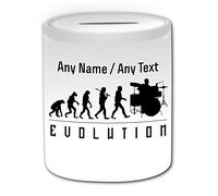 Personalised Gift - Drums Money Box (Evolution Design White) Any Name Message Unique - Player Outline Event Hobby Classical Music Set Kit Drummer Jazz Sticks Band Rock Roll History