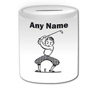 Personalised Gift - Golf Gentleman Money Box (Sport and Hobby Design Theme, White) - Any Name/Message on Your Unique - Saving Piggy Bank - Golfer Back Swing Club