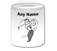 Personalised Gift - Golf Gentleman Money Box (Sport and Hobby Design Theme, White) - Any Name/Message on Your Unique - Saving Piggy Bank - Golfer Finish Swing Club