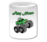 Personalised Gift - Green Monster Truck Money Box (Transport Design Theme, White) - Any Name / Message on Your Unique - Saving Piggy Bank - Car Large Wheels Race Crush Freestyle Competition Vehicle Automobile Driver