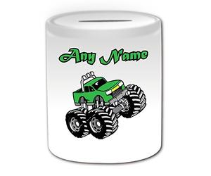 Personalised Gift - Green Monster Truck Money Box (Transport Design Theme, White) - Any Name / Message on Your Unique - Saving Piggy Bank - Car Large Wheels Race Crush Freestyle Competition Vehicle Automobile Driver
