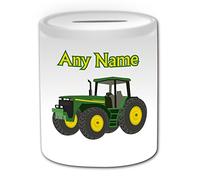 Personalised Gift - Green Tractor Money Box (Transport Design Theme, White) - Any Name/Message on Your Unique - Saving Piggy Bank - Driver Heavy Vehicle Automobile Truck Farm HGV Farmer