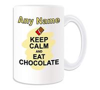 Personalised Gift - LAGRE Keep Calm Eat Chocolate Mug (Food Design White) Any Name Message Unique - Carry Poster Party Diet Snack Cake Fish Chips Fruit Cream Veg Pizza