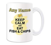 Personalised Gift - LAGRE Keep Calm Eat Fish & Chips Mug (Food Design White) Any Name Message Unique - Carry Poster Party Diet Snack Cake Chocolate Fruit Cream Veg Pizza