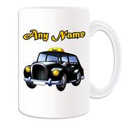 Personalised Gift - Large Black Cab Mug (Transport Design Theme, White) - Any Name/Message on Your Unique - London Taxi Hackney Carriage Hack Vehicle Automobile Remise Driver Taxicab Public Hire