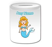 Personalised Gift - Mermaid in Blue Money Box (Fairy Tale Design Theme, White) - Any Name/Message on Your Unique - Saving Piggy Bank - Blonde