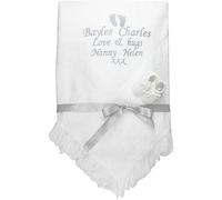 Personalised Gift Message White Baby Shawl Blanket and Booties (White with Silver)