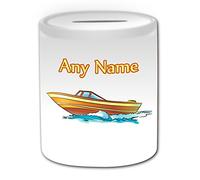 Personalised Gift - Motorboat on Water Money Box (Transport Design Theme, White) - Any Name / Message on Your Unique - Saving Piggy Bank - Water Speedboat Powerboat Engine Go-fast Boat Race Yacht Cruiser