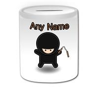 Personalised Gift - Ninja with Nunchaku Money Box (Fairy Tale Design Theme, White) - Any Name/Message on Your Unique - Piggy Bank Saving Jar Pot - Nunchuks Chainsticks