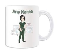 Personalised Gift - Nurse Bottle Green Tunic Dark Mug (NHS Design White) Any Name Message Unique - Female Job Occupation Uniform Hospital Dental Scrub Staff Ambulance Red Cross GP