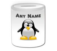 Personalised Gift - Penguin Money Box (Animal Design Theme, White) - Any Name/Message on Your Unique - Saving Piggy Bank - Cross Eye