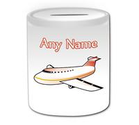 Personalised Gift - Plane Money Box (Transport Design Theme, White) - Any Name/Message on Your Unique - Saving Piggy Bank - Blue Sky Aircraft Flight Airplane Aeroplane Jet Airline Aviator Pilot