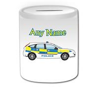 Personalised Gift - Police Car Money Box (Transport Design Theme, White) - Any Name / Message on Your Unique - Saving Piggy Bank - Driver Vehicle Automobile Hatchback Cruiser Cop UK Britain British Emergency Force 999 Policeman Service