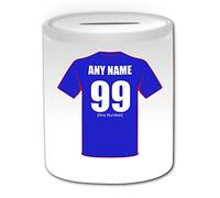 Personalised Gift - Rangers Money Box (Football Design Theme, White) - Any Name/Message on Your Unique - The Teddy Bears Light Blues Club - Piggy Bank Saving Jar Pot