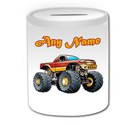 Personalised Gift - Red Monster Truck Money Box (Transport Design Theme, White) - Any Name / Message on Your Unique - Saving Piggy Bank - Car Large Wheels Race Crush Freestyle Competition Vehicle Automobile Driver