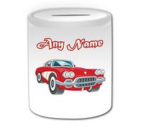 Personalised Gift - Red Vintage Race Car Money Box (Transport Design Theme, White) - Any Name / Message on Your Unique - Saving Piggy Bank - Passenger Vehicle Automobile Sportscar Classic Retro Old Fashioned Sports Antique Driver