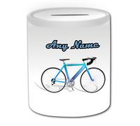 Personalised Gift - Road Cycling Money Box (Sport Design Theme, White) - Any Name/Message on Your Unique - Piggy Bank Saving Jar Pot - Bicycle Touring Racing Riding Bike