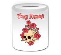 Personalised Gift - Rose Skull Money Box (Scary Design Theme, White) - Any Name/Message on Your Unique - Piggy Bank Saving Jar Pot - Cranium
