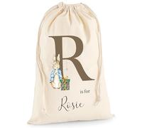 Personalised Gift Sack - Custom Name Brown Initial Beatrix Rabbit Drawstring Christmas Sack Winter Themed Personalise Name Kids Children's Canvas Birthday Christening Present Treat - XL 49.5 x 75cm