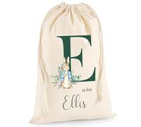 Personalised Gift Sack - Custom Name Green Initial Beatrix Rabbit Drawstring Christmas Sack Winter Themed Personalise Name Kids Children's Canvas Birthday Christening Present Treat - XL 49.5 x 75cm
