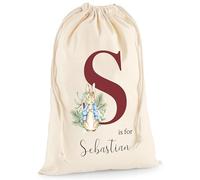 Personalised Gift Sack - Custom Name Red Initial Beatrix Rabbit Drawstring Christmas Sack - Winter Themed Personalise Name Kids Children's Canvas Birthday Christening Present Treat - XL 49.5 x 75cm