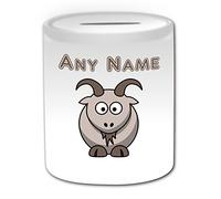 Personalised Gift - Silly Goat Money Box (Animal Design Theme, White) - Any Name/Message on Your Unique - Saving Piggy Bank - Sheep Goat Ram