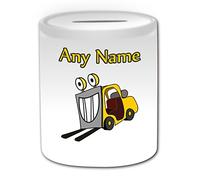 Personalised Gift - Smiley Forklift Money Box (Transport Design Theme, White) - Any Name / Message on Your Unique - Saving Piggy Bank - Construction Storage Warehouse Cargo Store Room Truck Factory Worker JCB CAT Driver Lift Fork