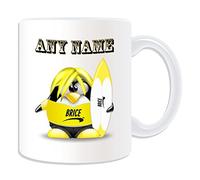 Personalised Gift - Surfing Brice De Nice Mug (Penguin in Costume Design Theme, White) - Any Name/Message on Your Unique