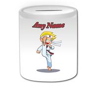 Personalised Gift - Taekwondo Blonde Money Box (Martial Arts Design Theme, White) - Any Name/Message on Your Unique - Saving Piggy Bank - Kung Fu Korean Korea Yellow Hair