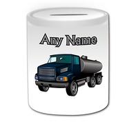 Personalised Gift - Tanker Truck Money Box (Transport Design Theme, White) - Any Name / Message on Your Unique - Saving Piggy Bank - Driver Tank Lorry Heavy Vehicle Semi Trailer Petrol Fuel Diesel Gas Automobile HGV