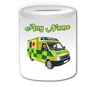 Personalised Gift - UK Ambulance Money Box (Transport Design Theme, White) - Any Name / Message on Your Unique - Saving Piggy Bank - NHS Van Vehicle Hospital St John Red Cross Paramedic Emergency Services 999 Driver Automobile