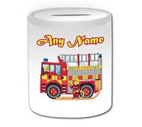 Personalised Gift - UK Fire Engine Money Box (Transport Design Theme, White) - Any Name / Message on Your Unique - Saving Piggy Bank - Truck Vehicle Fireman Fighter Emergency Services 999 Driver Automobile Apparatus Appliance Firefighting Firefighter