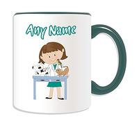 Personalised Gift - Vet Female Brown Hair Mug (Career Design Theme, Colour Options) - Any Name / Message on Your Unique - Vets4Pets Veterinary Physician Pet Animal Surgeon Veterinarian Cat Kitty Dog Puppy Parrot Bird White Lab Coat Occupation