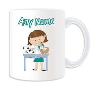 Personalised Gift - Vet Female Brown Hair Mug (Career Design Theme, White) - Any Name / Message on Your Unique - Vets4Pets Veterinary Physician Pet Animal Surgeon Veterinarian Cat Kitty Dog Puppy Parrot Bird White Lab Coat Occupation