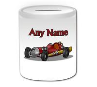 Personalised Gift - Vintage Race Car Money Box (Transport Design Theme, White) - Any Name / Message on Your Unique - Saving Piggy Bank - Driver Passenger Vehicle Automobile Sportscar Classic Retro Old Fashioned Sports Antique