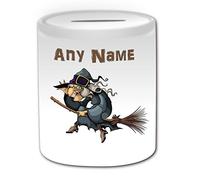 Personalised Gift - Witch on Broom Money Box (Fairy Tale Design Theme, White) - Any Name/Message on Your Unique