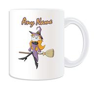 Personalised Gift - Witch on Broom Mug (Scary Design Theme, White) - Any Name/Message on Your Unique Mug