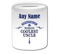 Personalised Gift - World's Coolest Uncle Money Box (Occasion Design Theme, White) - Any Name/Message on Your Unique - Saving Piggy Bank - Slogon Logo Poster Funny Novelty Relative Kin Star