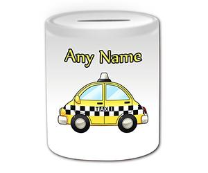 Personalised Gift - Yellow Taxi Money Box (Transport Design Theme, White) - Any Name / Message on Your Unique - Saving Piggy Bank - Hackney Carriage Hack Vehicle Automobile Remise Driver Private Public Hire Uber Cab Taxicab