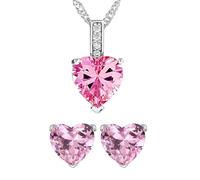 Personalised Gifts Sterling Silver Necklace and Earrings Jewellery Set for Women With Customised Message S925 C/Z Crystal Pendant Genuine Solid Silver for Birthday Mothers Day (Crystal Heart- Pink)