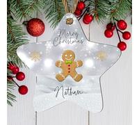 Personalised Gingerbread Man Merry Christmas Star Bauble - Custom Name Christmas Tree Ornament for Kids, Family, and Friends Personalised Gift & Decoration (Grey, Mdf Wood Indoor Use Only)