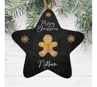 Personalised Gingerbread Man Merry Christmas Star Bauble - Custom Name Christmas Tree Ornament for Kids, Family, and Friends Personalised Gift & Decoration (Black, Mdf Wood Indoor Use Only)