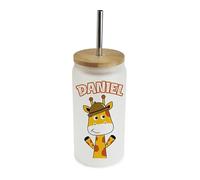 Personalised Giraffe, Back to School Gift for Kids, Frosted Glass Tumbler 18 OZ with Bamboo Lid and Silver Straw, Glass Can, Wide Mouth Jar for Drinks.