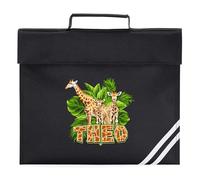 Personalised Giraffe Book Bag Jungle Safari Animal Kids School Reading Folder Boys Girls Back to School Infant Primary Kids, One Size, Black